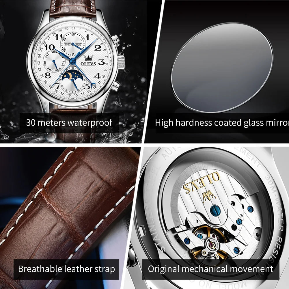 OLEVS 6667 Moon Phase Men's Watches 7 Hands Multi Functional Automatic Mechanical Watches for Man Top Luxury Business Man Watch