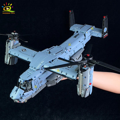 HUIQIBAO MOC V-22 Tiltrotor Aircraft Helicopter Building Block Children Military Airplane Model Bricks Toy Home Decor.