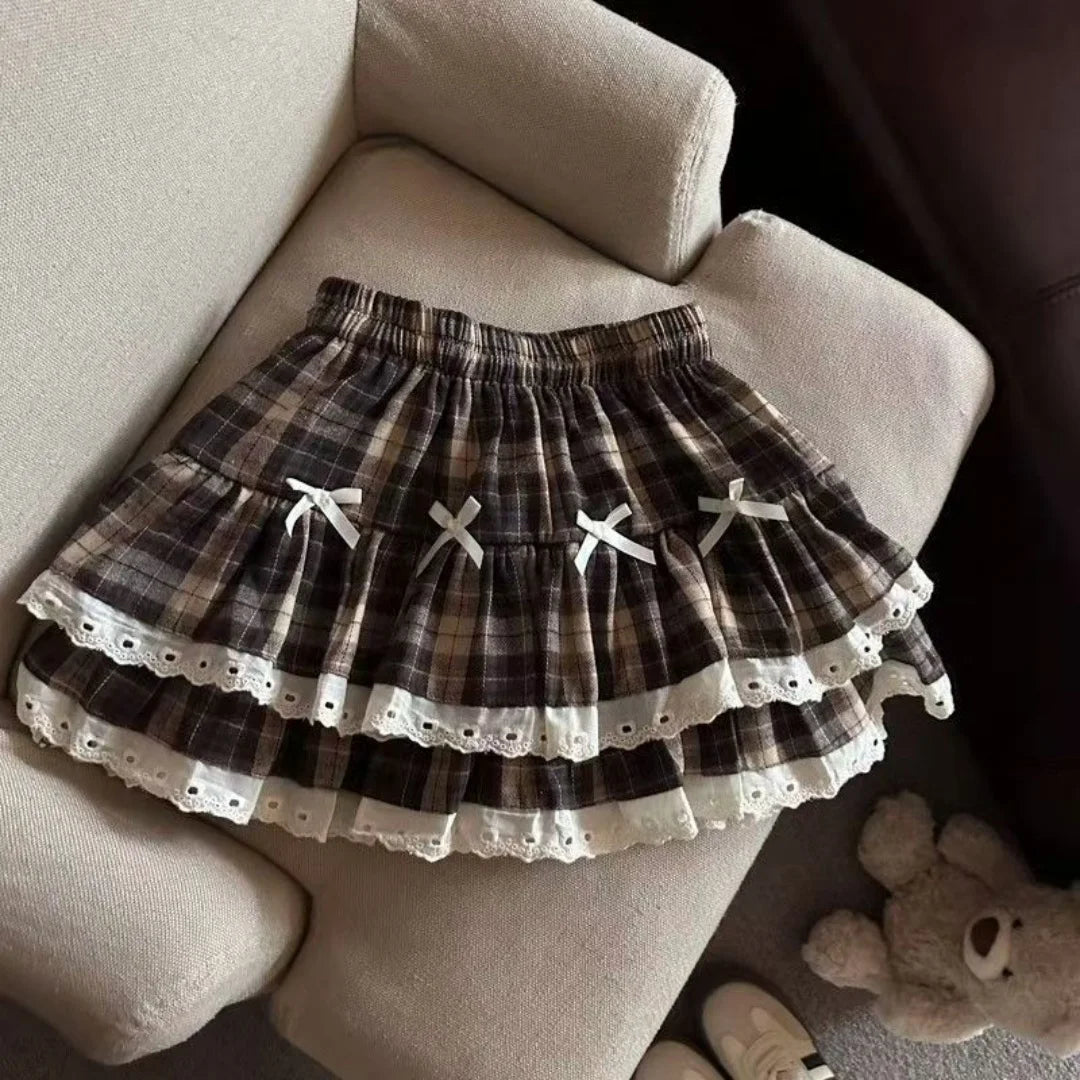 Sweet Cool Kawaii Y2K Puff Mini Skirt Women's Plaid High-Waist Lace Patchwork Bow Casual Dating Skirt  Lolita School Performance