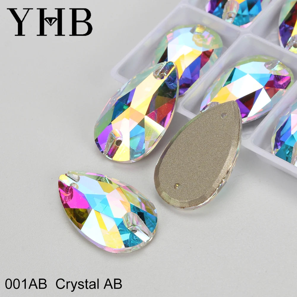 YHB Drop Moonlight Glass Lt Siam Crystal AB Sewing Stones Flatback Sew on Rhinestones For Garment Clothes Bags