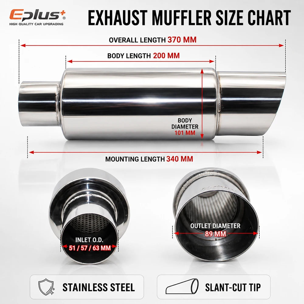 EPLUS Universal Car&Motorcycle Stainless Steel Exhaust Muffler Slant Cut Tip Car Exhaust Resonator 51/57/63mm Inlet