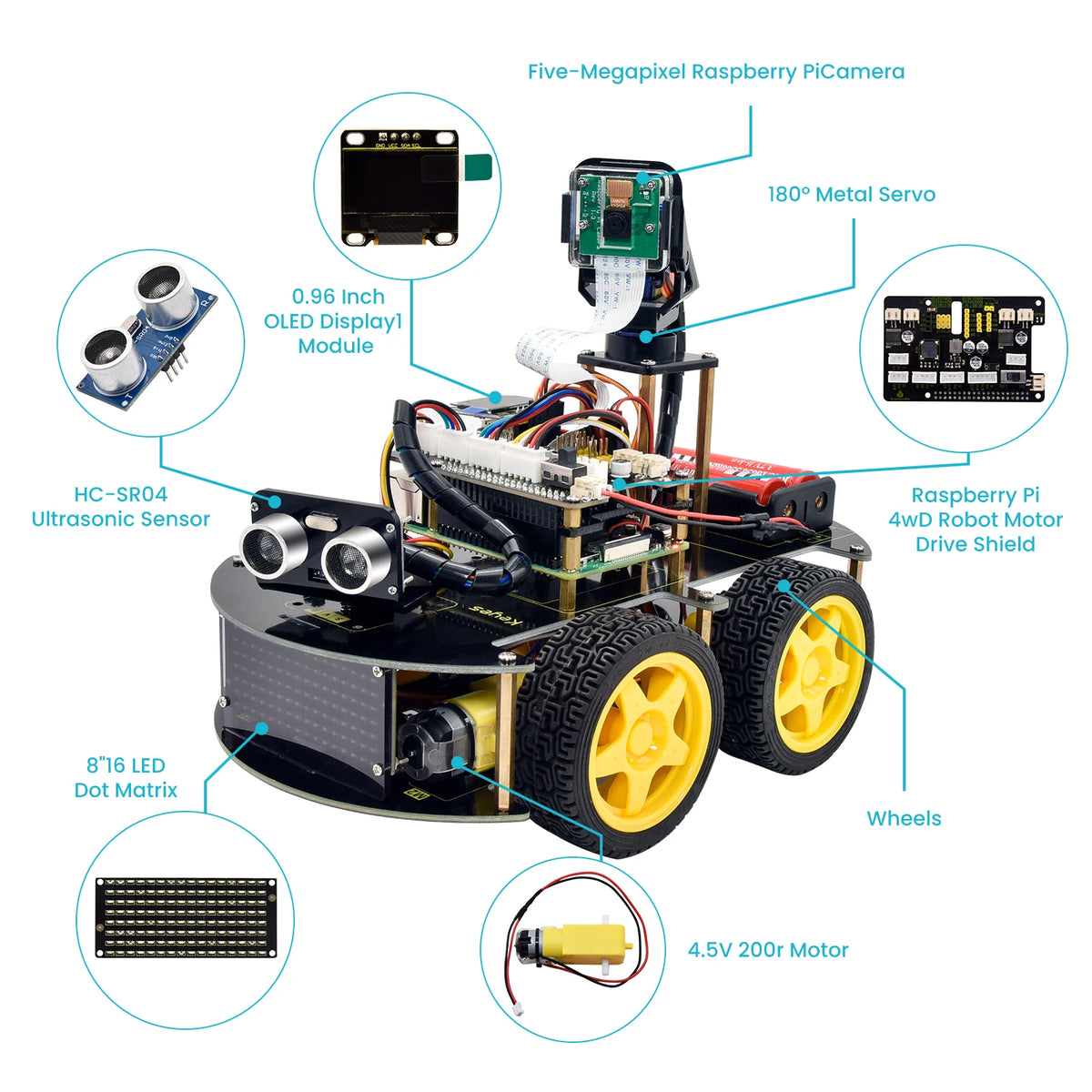 Keyestudio 4WD Smart Robot Car Kit For Raspberry Pi With Megapixels Camera Module and Programming Tutorials( No RPI 4B Board)