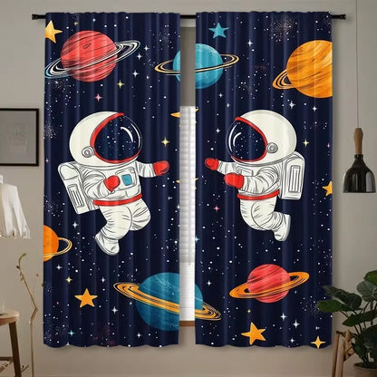 2PC Navy Space Astronaut Sheer Curtains - Playful Sci-Fi Themed Print Window Drapes for Kids' Room Bedroom Decor
