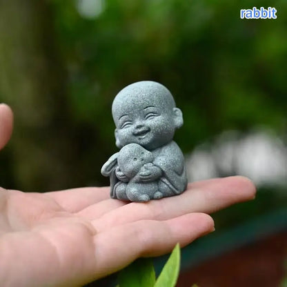 ♫Embracing Animal Monk Statue,Sandstone Finish Zen Baby Buddha Figurine,Mini Spiritual Decor for Home,Office & Garden