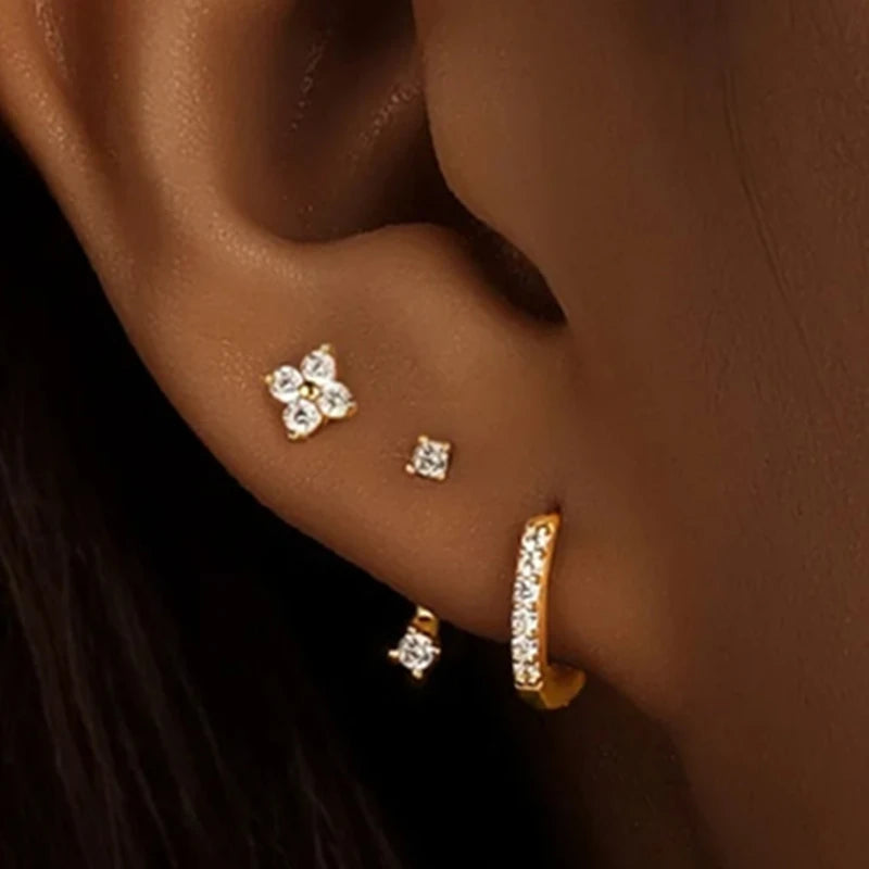 3PCS Stainless Steel Gold Color Circle Hoop Earrings Set for Women Simple Zircon Flower Stud Earring Cartilage Piercing Jewelry