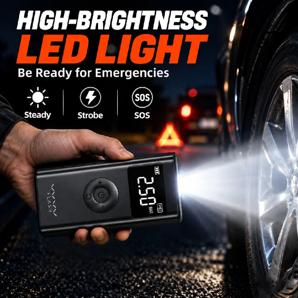 Vyvylabs 12V Car Jump Starter with Air Compressor 600A Peak 150PSI Tire Inflator Power Bank LED Lights Portable Battery Booster