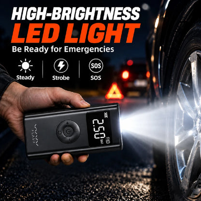 Vyvylabs 12V Car Jump Starter with Air Compressor 600A Peak 150PSI Tire Inflator Power Bank LED Lights Portable Battery Booster