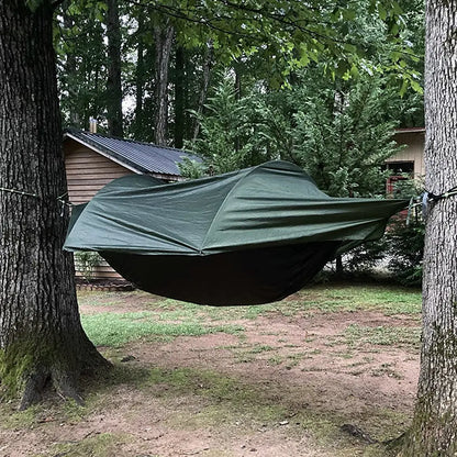 Hammock Solo Camping with Rain Fly and Bug Net Hammock Tent with Storage Pocket for Sleeping Pad Green/Camo
