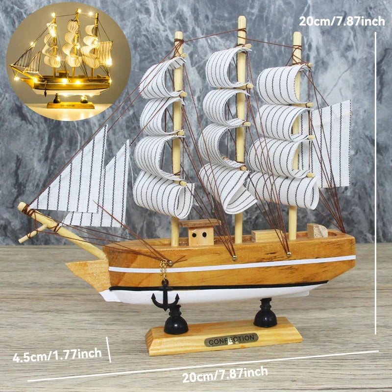 Creative Wooden LED Sailboat Sailing Boat Vessel Model Home Decor Mediterranean Style Home Decoration Decor Accessories Gift