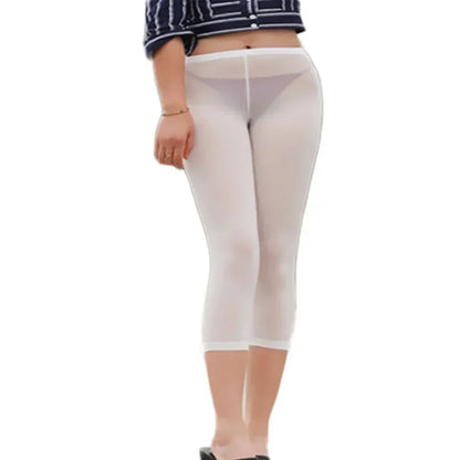 Women See Through Cropped Pants High Elastic Ice Silk Leggings Transparent Thin Tight Fitting Underwear Slim Sensual Yoga Pants