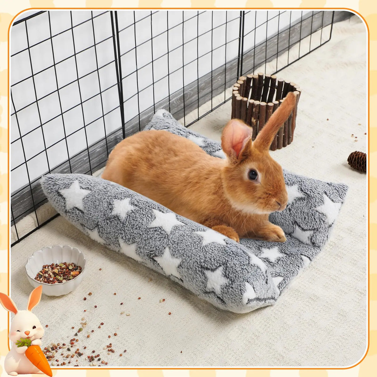 Rabbit Bed - Thick and Soft Concave-Shaped Rabbit Bed, Pillow-Style Soft Cushion, with Recliner-Style Pillow, Suitable for Indoor Rabbits in Cages, Gift for Sleeping, Gray Star Pattern