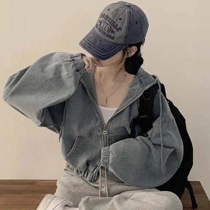 Korean Lazy Chic Autumn Retro Style Zipper Universal Loose Casual Long Sleeve Hooded Short Light Denim Jacket