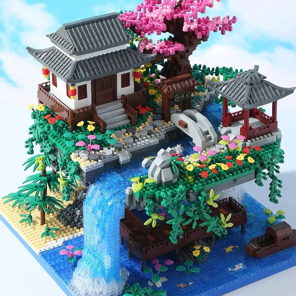 MOC Peach Blossom Pool Cherry Tree House Building Block Chinese Architecture DIY Bricks Cherry Blossom Toy for Kids Adult Gift