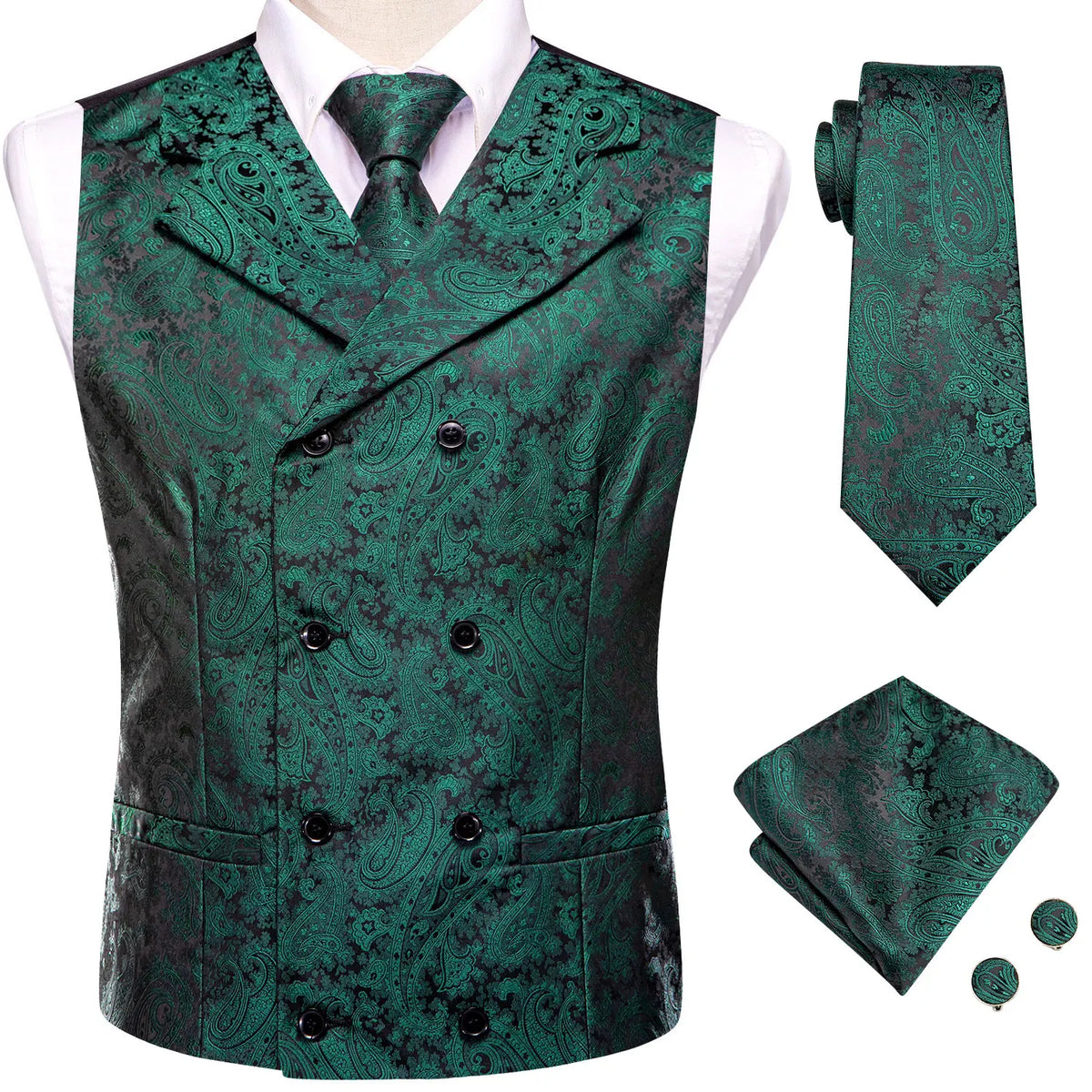 Formal Men V-Neck Waistcoat 4-in-1 Set Vest Tie Pocket Square Cufflinks Wedding Dress Accessory