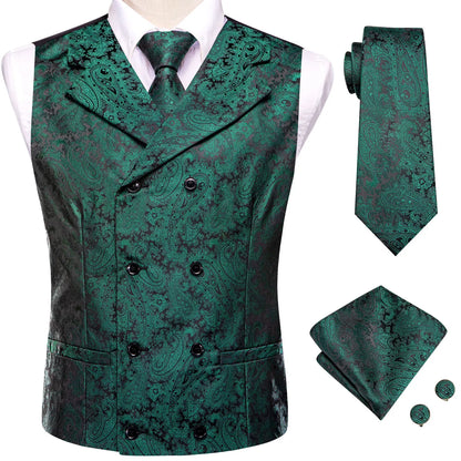 Formal Men V-Neck Waistcoat 4-in-1 Set Vest Tie Pocket Square Cufflinks Wedding Dress Accessory
