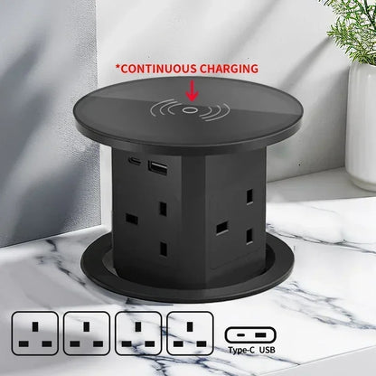 Hydraulic Lifting Socket Automatic Pop  Up Wireless Charge Universal/US/UK/TL Plug Adapter Hidden Four Sided Socket Power Supply