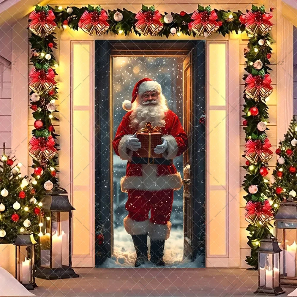 Christmas Humorous Santa Claus And Elk Door Banner Party Decorations Indoor Outdoor Veranda Door Cover Supplies Festive Gifts