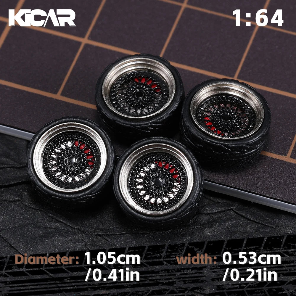 Kicarmod 1/64 10.5mm Alloy Model Wheels with Magnetic Hub Caps-with Rubber Tires for Tomica Custom Diecast Cars