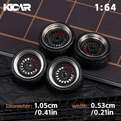 Kicarmod 1/64 10.5mm Alloy Model Wheels with Magnetic Hub Caps-with Rubber Tires for Tomica Custom Diecast Cars