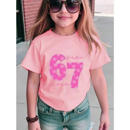 Children's 67 Christmas Elf Print Girls Short Sleeve Round Neck Tee Parties Casual Wear Comfort Children Clothes Girl Clothing