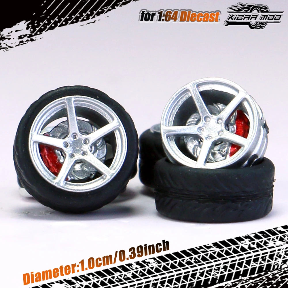 Kicarmod 1/64 Model Car ABS Wheels with Rubber Tire Brake Disc Refitting Parts Diameter 10mm For Model Car Tomica
