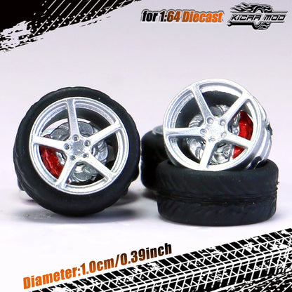 Kicarmod 1/64 Model Car ABS Wheels with Rubber Tire Brake Disc Refitting Parts Diameter 10mm For Model Car Tomica