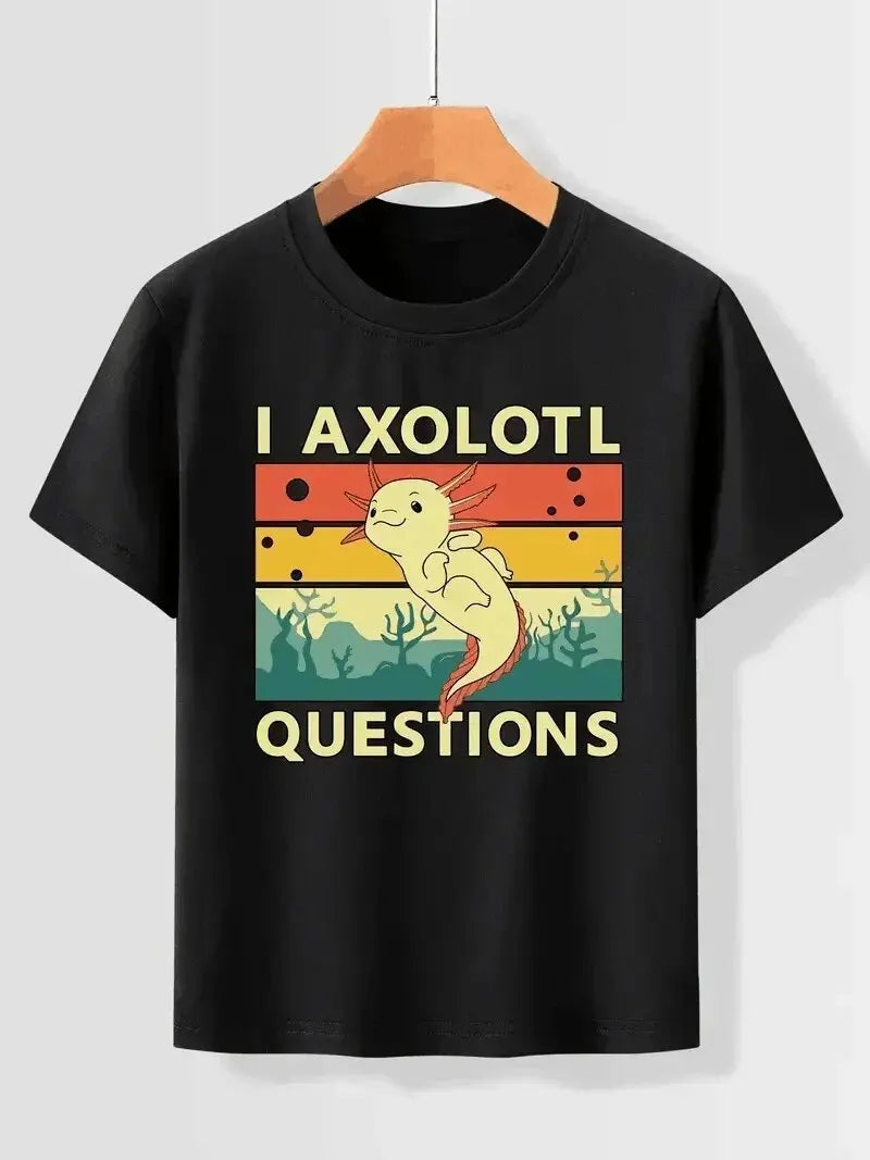 I AXOLOTL QUESTIONGS Children Boy Girl T shirt 2026 New Summer Short Sleeve T-Shirt Cute Style kidS casual SPORTS Tops