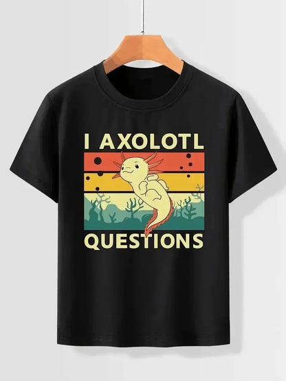 I AXOLOTL QUESTIONGS Children Boy Girl T shirt 2026 New Summer Short Sleeve T-Shirt Cute Style kidS casual SPORTS Tops