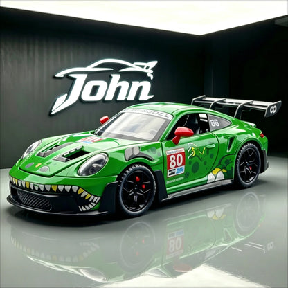 1:32 Porsche 911 GT3 R Rexy T-Rex Livery AO Racing Car Pull Back Toy with Light & Sound Drop Resistant Decor Gift for Collectors