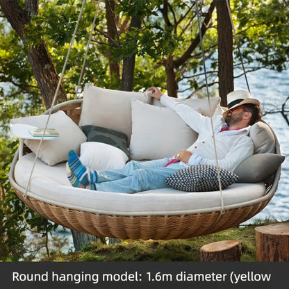 Outdoor Hanging Daybed Round Wicker Rattan Swing Bed Patio Garden Sofa Large Hammock Lounge Chair Waterproof Cushion