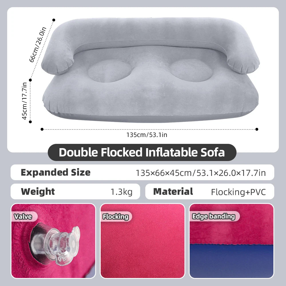 Inflatable Double Sofa 2 Person Air Couch Thickened PVC Flocking Portable Foldable Lazy Sofa Waterproof Inflatable Lounger