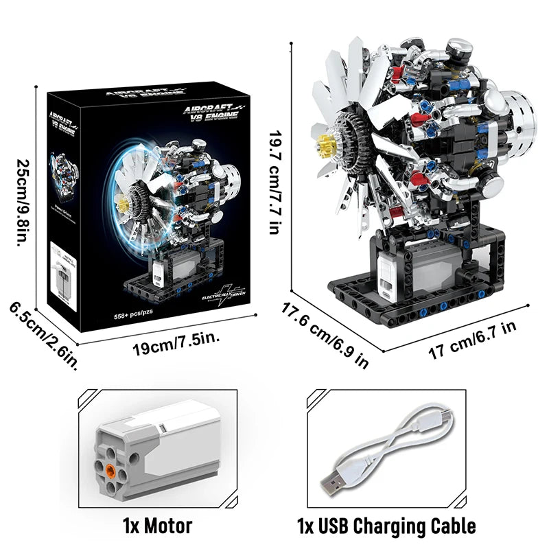 Aircraft V8 Engine Motorized Simulation Model Electrically Drive Technical Blocks DIY Building Toys Gifts Adult Bricks Sets