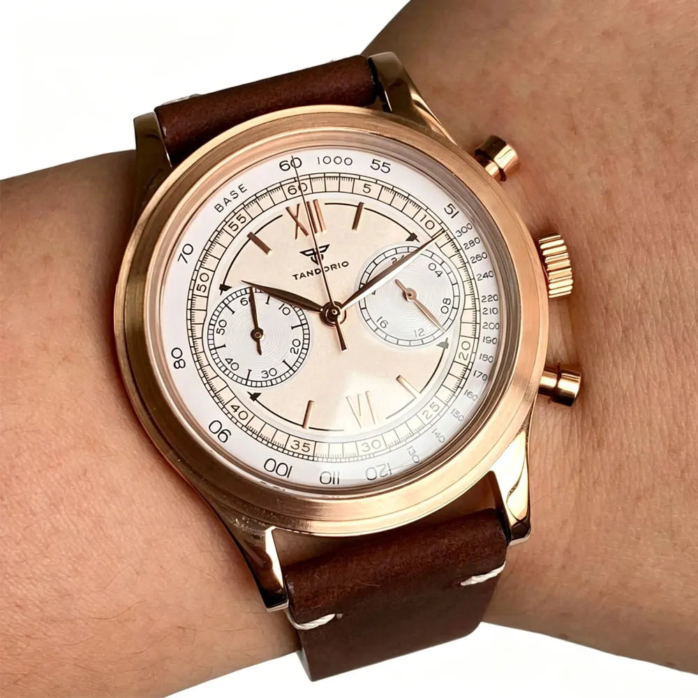 Rose Gold 38mm Tandorio Retro Men Watch Sport Watches Miyota OS20 Movement Chronograph Quartz Clock Black White Arched Glass