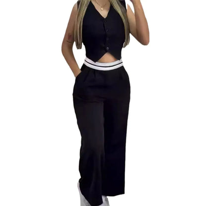 Women's Sexy Black 2 Piece Sets Fashion Hot Girls Wear Contrasting Color V-neck Waistcoat  Wide-leg Trousers Casual Suits Women