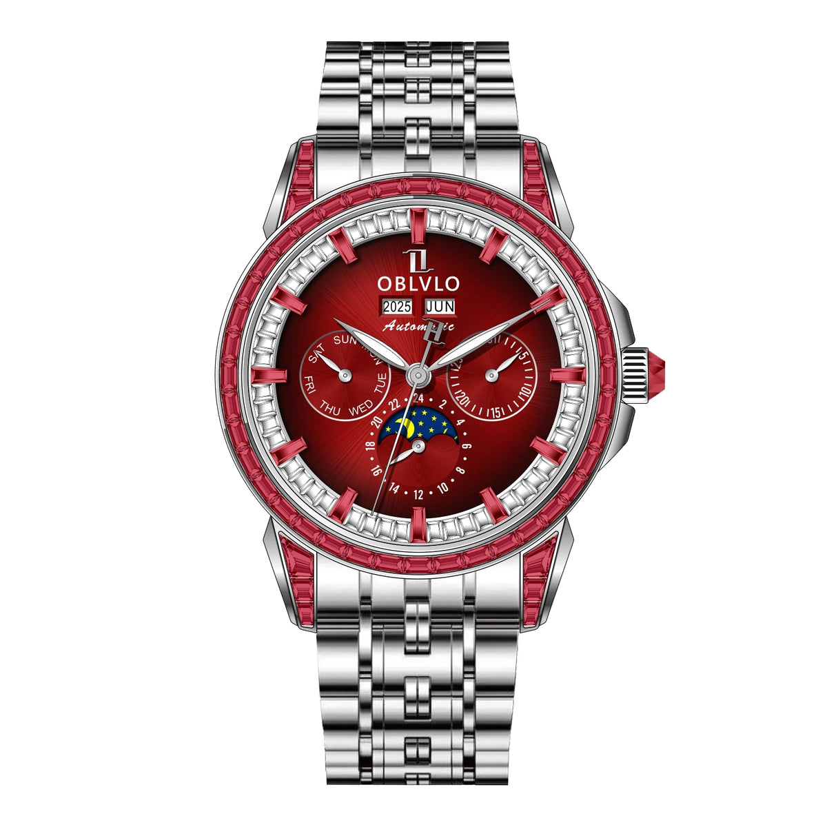 OBLVLO Men's Multifunctional Mechanical Watch with Colorful Zircon Moonphase Elegant Rose Gold Bracelet Band GCM-MUT
