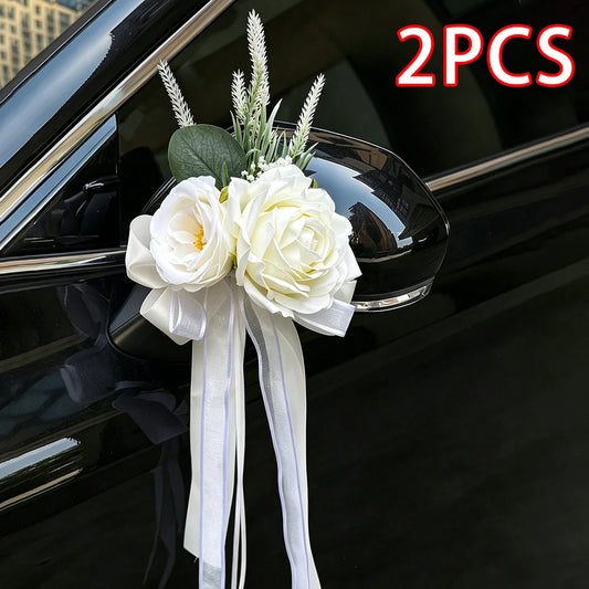 2pcs Artificial Rose Decor Flower with Suction Cup for Wedding Car Rearview Mirror Decor Ceremony Chair Back Floral Reception