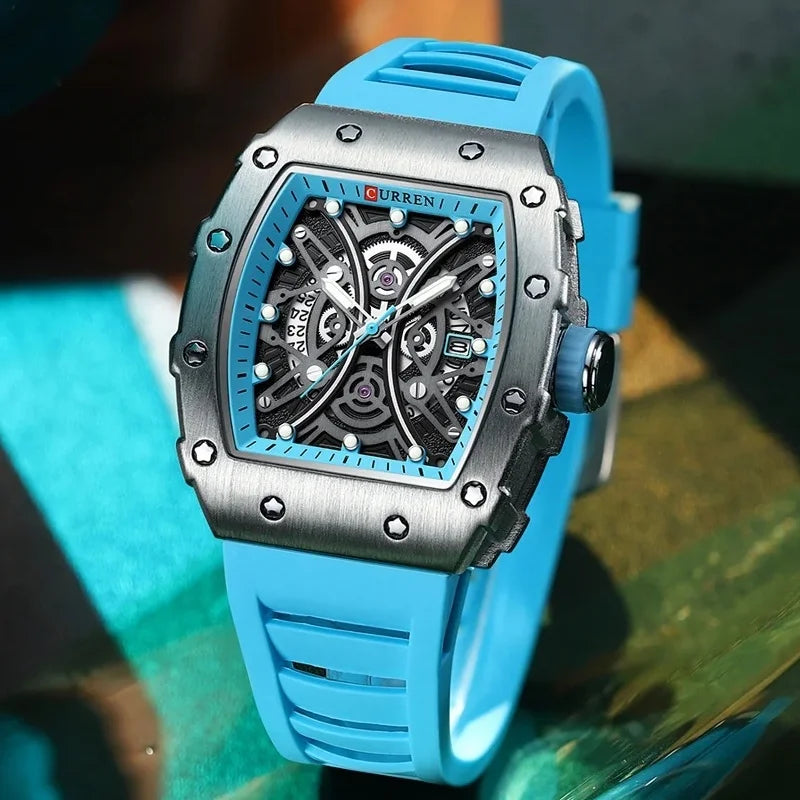 Curren 8438 Luxury Silicone Strap Men's Quartz Wristwatches Waterproof Square Sports Watch with Calendar Function