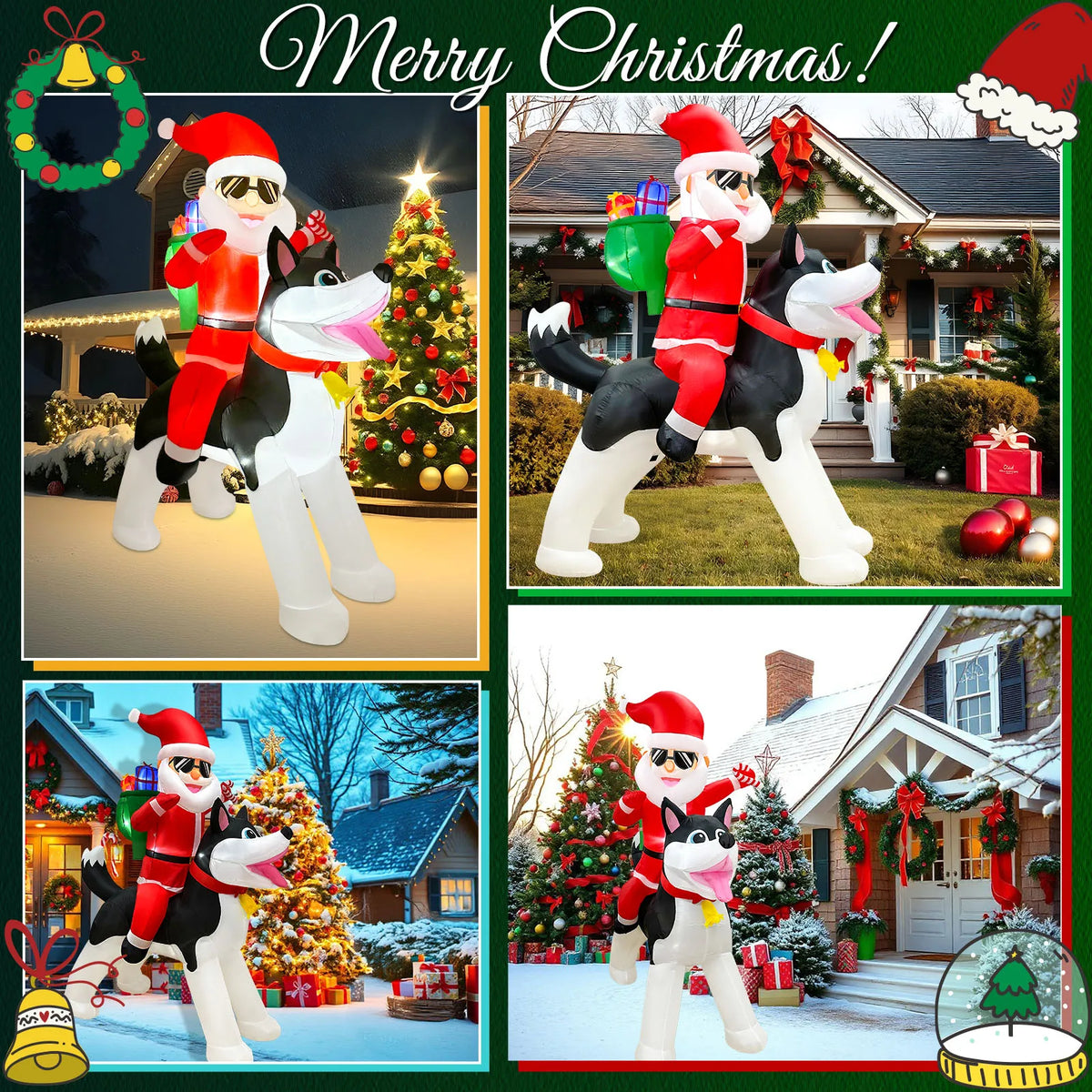 8FT inflatable Christmas outdoor decoration, Santa Claus riding a husky, fun Christmas patio decoration