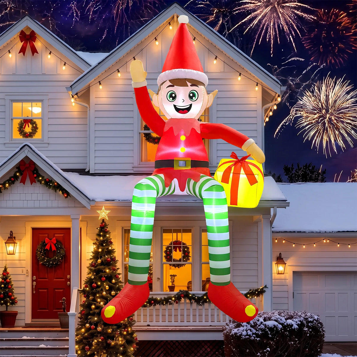 10FT Inflatable Christmas Decorations Red Sitting Elf Outdoor Yard Decorations Christmas Festival Inflatable Ornaments