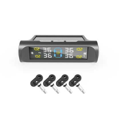 TPMS Solar Powered Car Tire Pressure Monitoring System with 4 Wheel Internal External Sensors Tyre Auto Security Alarm Tester