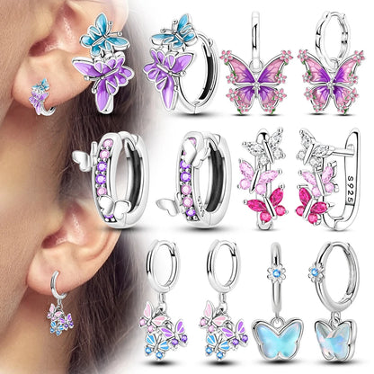 Original 925 Sterling Silver Earrings Sparkling Shining Dreamy Butterfly Hoop Earring for Women Girl Party Birthday Jewelry Gift