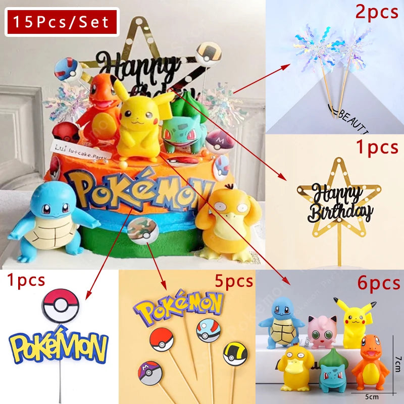 15Pcs/set Pokemon Cake Topper Pikachu Anime Figure Party Happy Birthday Pokemon Cake Decoration Supplies Boy Ornaments Kids Gift