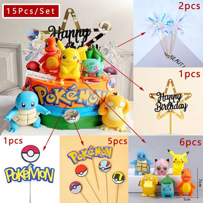 15Pcs/set Pokemon Cake Topper Pikachu Anime Figure Party Happy Birthday Pokemon Cake Decoration Supplies Boy Ornaments Kids Gift