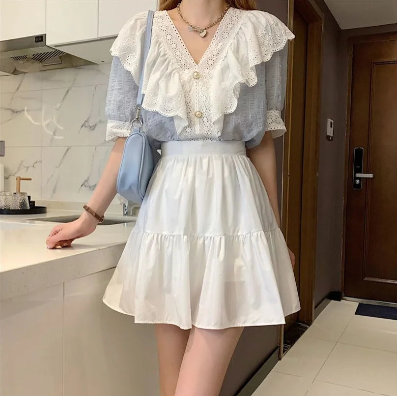 Sweet Cool Kawaii Y2K Puff Mini Skirt Women's Plaid High-Waist Lace Patchwork Bow Casual Dating Skirt  Lolita School Performance