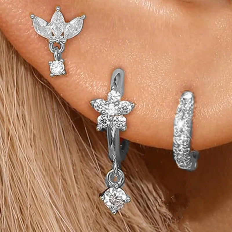 3PCS Stainless Steel Gold Color Circle Hoop Earrings Set for Women Simple Zircon Flower Stud Earring Cartilage Piercing Jewelry