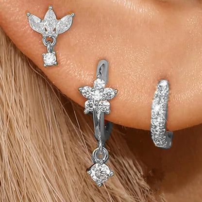3PCS Stainless Steel Gold Color Circle Hoop Earrings Set for Women Simple Zircon Flower Stud Earring Cartilage Piercing Jewelry
