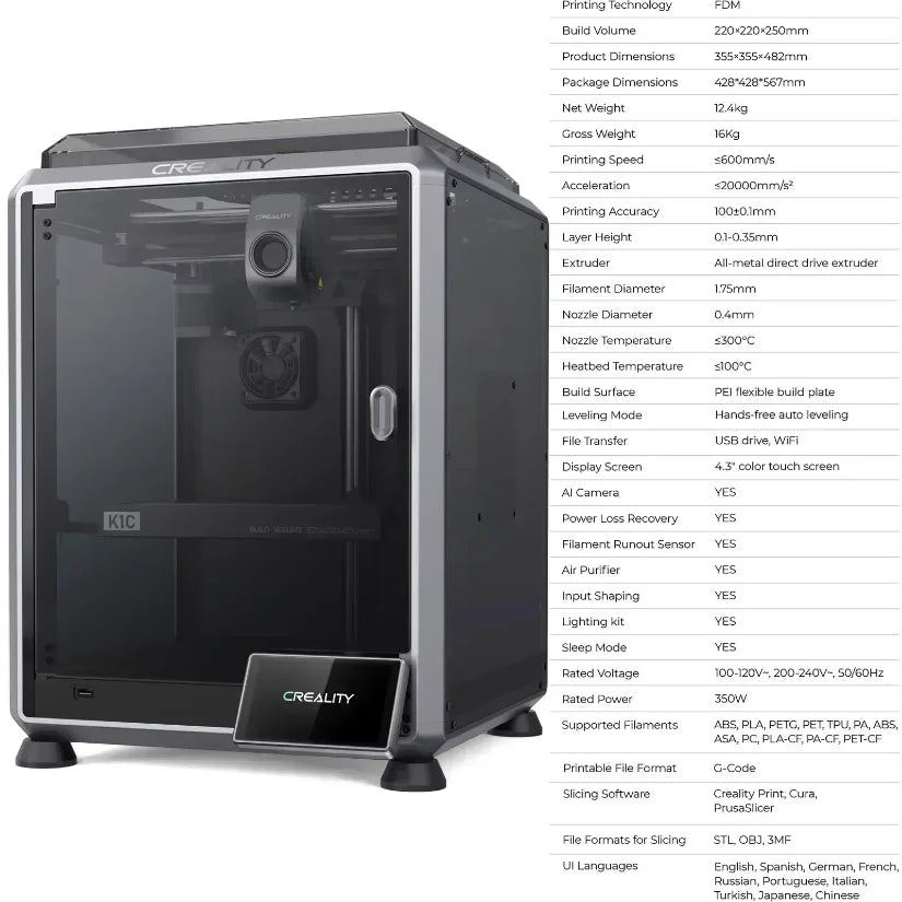 CREALITY K1C 3D Printer 600mm/S Speed with AI Camera Printing Stable Frame Auto Leveling Dual Fan Direct Cooling Drive Extruder