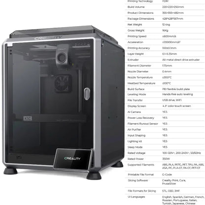 CREALITY K1C 3D Printer 600mm/S Speed with AI Camera Printing Stable Frame Auto Leveling Dual Fan Direct Cooling Drive Extruder