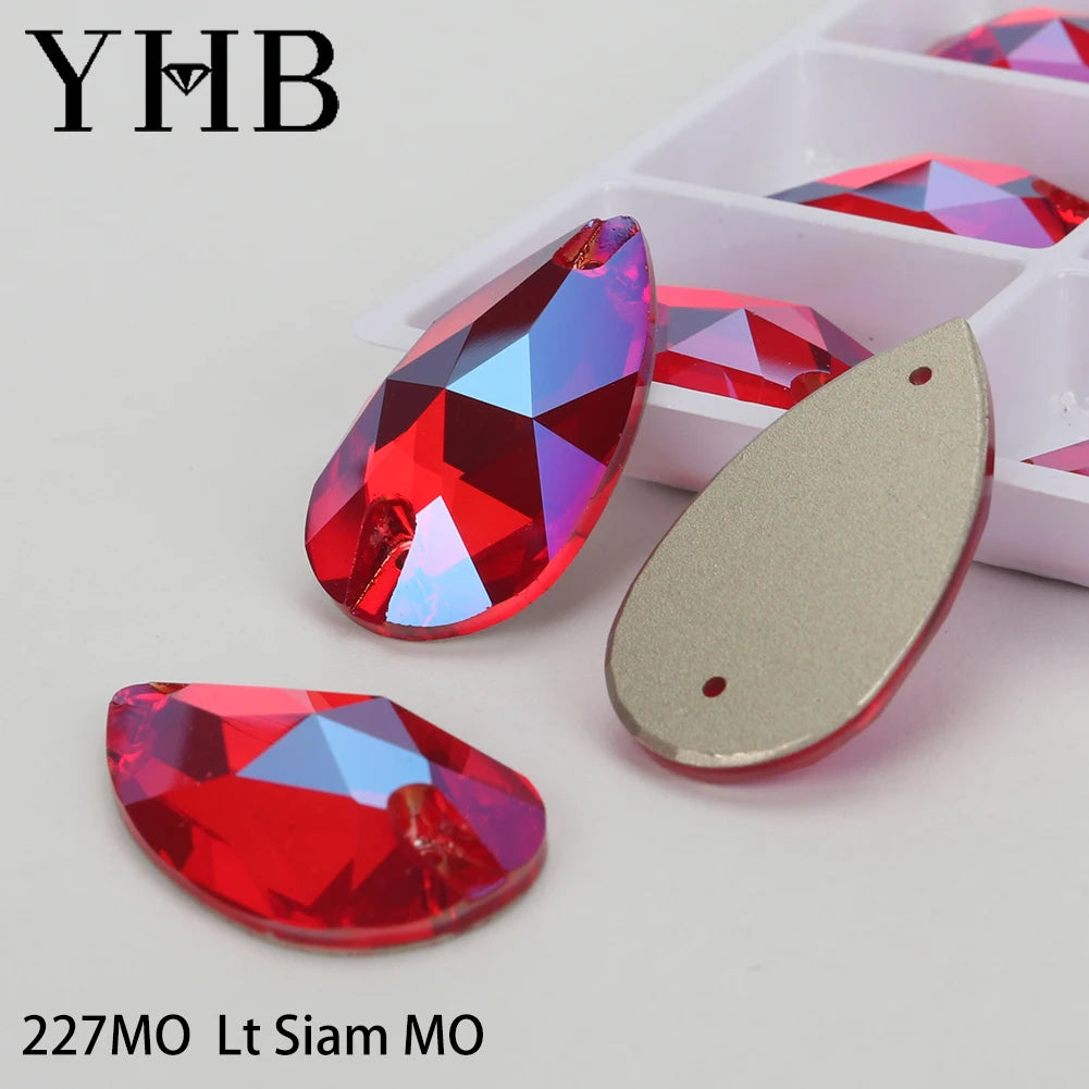 YHB Drop Moonlight Glass Lt Siam Crystal AB Sewing Stones Flatback Sew on Rhinestones For Garment Clothes Bags