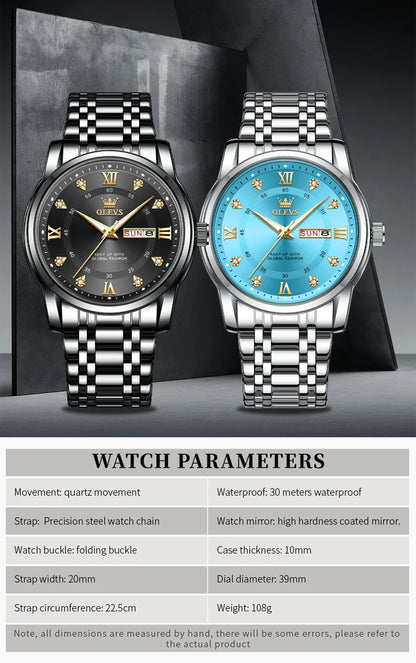 OLEVS 5513 Exclusive Original Quartz Watch for Men Diamond Roman Scale Waterproof Wristwatch Dual Calendar Stainless Steel Watch